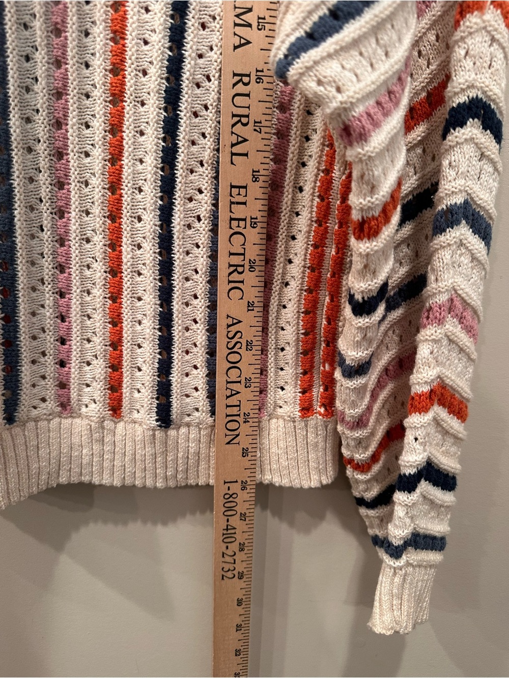 Knox Rose Cream Striped Open-Knit Crewneck Sweater Cotton Layer Sz L - Picture 4 of 8